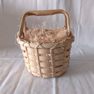 Vintage Woven   & Wooden Natural Boho Basket 6"H.   7" Diameter Basket